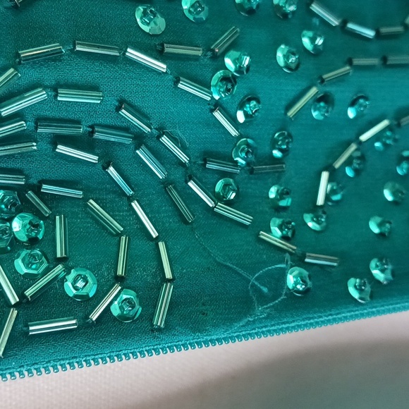 Vintage Sequin dress round neck short sleeve mini silk teal green size 6-8 - Picture 9 of 13